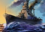  airplane cannon cruiser dusk imperial_japanese_navy ishii_hisao military military_vehicle ocean original ship smoke takao_(cruiser) warship watercraft 
