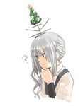  ? antennae arm_warmers bauble blush chin_grab christmas_ornaments christmas_tree christmas_wreath commentary_request grey_hair hair_ribbon headgear kantai_collection kasumi_(kantai_collection) keionism long_hair ribbon school_uniform shaded_face shirt side_ponytail simple_background solo star suspenders thinking upper_body white_background 