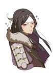  2016 armor black_hair bluleaves blush commentary dated fire_emblem fire_emblem:_kakusei fur_trim grey_eyes headband highres japanese_clothes long_hair looking_at_viewer sairi_(fire_emblem) signature simple_background solo star star-shaped_pupils symbol-shaped_pupils upper_body white_background 