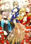  ahoge artoria_pendragon_(all) blonde_hair blue_dress bow braid chin_rest crown_braid dress epaulettes excalibur fate/extra fate/stay_night fate_(series) flower green_eyes grey_eyes hachini hair_bow hair_intakes japanese_clothes kimono koha-ace looking_at_viewer multiple_girls nero_claudius_(fate) nero_claudius_(fate)_(all) obi okita_souji_(fate) okita_souji_(fate)_(all) petals pink_hair red_dress red_flower red_rose rose saber sash scarf see-through short_hair short_kimono sitting smile 