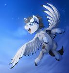  blue_eyes brown_hair cutie_mark day equine eyewear fan_character feathered_wings feathers feral flying fur goggles hair hioshiru hooves male mammal my_little_pony open_mouth outside pegasus sky solo tan_fur teeth tongue white_feathers white_fur wings 