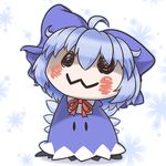  blue_bow blue_dress blue_hair blush bow cirno cirno_(cosplay) commentary cosplay crossover dress full_body gen_7_pokemon hair_bow head_tilt ice ice_wings mimikyu mofu_mofu no_humans pokemon pokemon_(creature) pun red_ribbon ribbon snowflake_background solid_oval_eyes standing touhou wings 