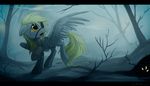  2014 bandage blonde_hair derpy_hooves_(mlp) equine eye_patch eyelashes eyewear feathered_wings feathers female feral forest friendship_is_magic fur grey_fur hair hioshiru hooves mammal mist my_little_pony night open_mouth outside pegasus solo standing tears teeth tree wings yellow_eyes 