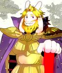  2016 asgore_dreemurr blonde_hair boss_monster cape caprine clothing crown facial_hair goat hair horn long_ears long_horns looking_at_viewer male mammal rie_(artist) undertale video_games 