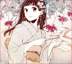  bad_id bad_pixiv_id black_eyes black_hair border earrings flat_color flower hanaze japanese_clothes jewelry kimono leaf long_hair looking_to_the_side obi open_mouth original sash smile solo umbrella upper_body 