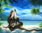  beach brown_fur duo fluffy fluffy_tail fur hibbary outside sand seaside sitting tree white_fur 