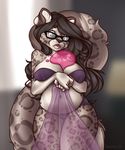  2016 5_fingers :3 anthro big_breasts black_nose breast_squish breasts brown_eyes brown_hair clothing eyewear feline female fluffy fluffy_tail fur glasses grey_fur hair honeyking inner_ear_fluff leopard lingerie long_hair looking_down mammal navel open_mouth panties slightly_chubby slime snow_leopard solo standing teeth tongue underwear white_fur 