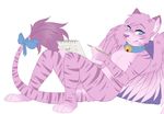  2016 anthro bell blue_eyes bow_(knot) breasts cat collar drawing feline female fur hecatesaur looking_at_viewer mammal notepad nude pencil_(disambiguation) pillow pink_fur reclining simple_background solo stripes white_background wings 