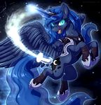  armor blue_eyes blue_feathers blue_fur cutie_mark equine feathered_wings feathers female feral friendship_is_magic fur hioshiru hooves horn light_sword magic mammal miltvain my_little_pony open_mouth princess_luna_(mlp) solo teeth tongue winged_unicorn wings 