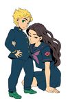  1girl arm_around_waist blonde_hair brown_eyes brown_hair flower gakuran green_eyes half-closed_eyes height_difference hirose_kouichi jojo_no_kimyou_na_bouken long_hair mikey_uo revision rose school_uniform serafuku sitting wavy_hair yamagishi_yukako yokozuwari 