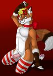  2014 anthro balls blonde_hair blue_eyes bow brown_fur canine christmas clothing digital_media_(artwork) dipstick_tail dripping erection fluffy fluffy_tail fox foxeh front_view fur hair hi_res holidays humanoid_penis kneeling leg_warmers legwear looking_at_viewer male mammal mistletoe multicolored_fur multicolored_tail navel orange_fur pawpads penis pink_pawpads pink_penis plant precum red_background ribbons simple_background smile solo striped_legwear stripes white_fur wyebird 