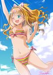  arm_up armpits ass_visible_through_thighs bad_id bad_pixiv_id beamed_eighth_notes bikini blonde_hair blush bow breasts cloud day front-tie_top green_eyes hair_bow highres hino_akane_(idolmaster) idolmaster idolmaster_cinderella_girls light_rays long_hair medium_breasts musical_note musical_note_print navel one_eye_closed open_mouth polka_dot ponytail side-tie_bikini sky smile solo sparkle strap_gap striped striped_bikini sunbeam sunlight swimsuit underboob yanagita_kousuke 