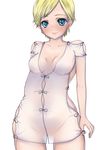  blonde_hair blue_eyes blush breasts cleavage highres resident_evil resident_evil_6 sherry_birkin shiroino short_hair small_breasts smile solo white_background 