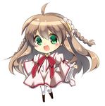  boots braid brown_hair chibi flower green_eyes hair_flower hair_ornament highres kanbe_kotori kazamatsuri_institute_high_school_uniform long_hair momijiko open_mouth outstretched_arms rewrite ribbon school_uniform solo spread_arms thighhighs twin_braids 