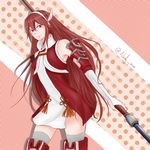  armor armpits artist_name bare_shoulders cowboy_shot elbow_gloves fire_emblem fire_emblem_if gloves grey_legwear hair_between_eyes hairband head_wings highres holding holding_weapon looking_at_viewer matoi_(fire_emblem_if) nash-kun polearm red_eyes red_hair signature solo spear thighhighs weapon white_gloves zettai_ryouiki 