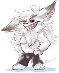  anthro clothed clothing eye_scar fur fwuffyfurry kled league_of_legends male mammal one_eye_closed pecs scar simple_background smile solo standing teeth topless video_games weapon white_fur yordle 