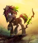  2014 arrow black_hair bow_(weapon) clothed clothing cutie_mark day equine eyelashes fan_character female feral fur grass grey_fur hair hioshiru hooves horn magic mammal my_little_pony outside pale_eyes purple_hair ranged_weapon ridged_horn smile standing theo_avery unicorn weapon 