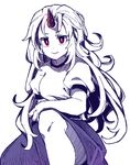  &gt;:) anarogumaaa horn hoshiguma_yuugi long_hair looking_at_viewer monochrome oni red_eyes short_sleeves skirt smile solo spot_color touhou v-shaped_eyebrows 