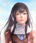  bad_id bad_pixiv_id bangs black_hair brown_eyes devin_lee earmuffs kimishima_kana kiseijuu long_hair looking_at_viewer necktie petals scarf smile solo white_scarf 