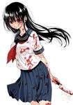  :q arms_behind_back attsun_(atsushi_jb) black_hair blood blood_on_arm blood_on_face bloody_clothes bloody_knife blue_skirt closed_mouth holding holding_knife knife neckerchief original pleated_skirt red_eyes school_uniform serafuku shaded_face shirt simple_background skirt smile solo tongue tongue_out white_background white_shirt 