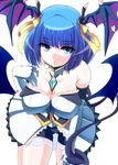  :o bare_shoulders blue_eyes blue_hair breasts cleavage commentary_request demon_girl demon_tail demon_wings detached_collar dress elbow_gloves gloves hair_ribbon head_wings ini_(mocomocccos) large_breasts leaning_forward looking_at_viewer medal original ribbon short_hair shorts shorts_under_skirt solo strapless tail white_background white_dress white_gloves wings yellow_ribbon 