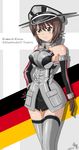 2016 absurdres blush breasts brown_eyes brown_hair cosplay country_connection dated flag_background german_flag girls_und_panzer hat highres kantai_collection large_breasts military military_uniform nandemo_kanden nishizumi_maho short_hair signature skirt solo thighhighs tirpitz_(kantai_collection) uniform 