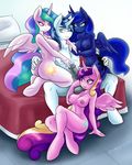  2016 ambris animal_genitalia animal_penis anthro anthrofied balls bed blue_eyes blue_feathers blue_hair breasts butt cutie_mark equine equine_penis eyelashes feathered_wings feathers female friendship_is_magic group hair half-closed_eyes hi_res hooves horn husband_and_wife long_hair male mammal multicolored_hair multicolored_tail my_little_pony nipples nude on_bed penis pink_feathers princess_cadance_(mlp) princess_celestia_(mlp) princess_luna_(mlp) purple_eyes shining_armor_(mlp) sibling sisters sitting smile two_tone_hair unicorn white_feathers winged_unicorn wings 