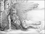  2016 anthro detailed detailed_sketch feathered_wings feathers feline female field fur greyscale lying mammal monochrome outside sidonie sketch solo striped_fur stripes tiger tree whiskers wings 