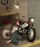  anthro barefoot blue_eyes breasts canine clothed clothing female garage hair kaiven kneeling mammal motorcycle red_hair side_boob solo tomboy wolf 