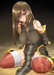  arms_behind_back bare_shoulders black_dress blue_eyes bound bound_arms breasts brown_hair closed_mouth covered_nipples dress elbow_gloves gloves large_breasts long_hair looking_at_viewer pelvic_curtain red_legwear shunzou sidelocks sitting sleeveless sleeveless_dress solo tales_of_(series) tales_of_the_abyss tear_grants thighhighs very_long_hair wariza 