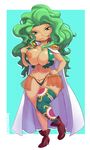  areola_slip areolae artist_name boa_sandersonia boots breasts cape carmessi covered_nipples curvy epaulettes eyeshadow forked_tongue full_body green_eyes green_hair hand_on_hip highres large_breasts long_tongue looking_at_viewer makeup nail_polish navel nipples one_breast_out one_piece single_thighhigh solo stomach thighhighs thong tongue wavy_hair wide_face wide_hips 