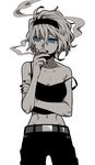  alice_margatroid alternate_costume belt blue_eyes breasts camisole casual cigarette cleavage contemporary crossed_arms hairband hosomitimiti looking_to_the_side medium_breasts midriff monochrome nail_polish navel pants short_hair smoking solo spot_color strap_slip toned touhou 