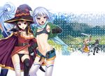  4girls accidental_exposure aqua_(konosuba) bandaged_leg bandages belt black_gloves black_hair black_legwear black_panties blonde_hair blue_hair blush bra bra_lift breasts brown_hair chris_(konosuba) clothes_theft dagger darkness_(konosuba) detached_sleeves dress dress_lift earrings fingerless_gloves fleeing gloves hat jewelry kono_subarashii_sekai_ni_shukufuku_wo! long_hair looking_at_viewer megumin multiple_girls navel nipple_slip nipples open_clothes open_fly open_mouth outstretched_arm outstretched_hand panties panties_removed purple_eyes red_eyes satou_kazuma scarf short_hair short_shorts shorts silver_hair single_thighhigh small_breasts sword tears theft thighhighs unclasped underwear underwear_theft weapon white_legwear witch_hat 