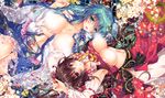  :d :o aqua_eyes aqua_hair arm_garter armpits arms_up ascot black_bow blush bow breasts censored collarbone crescent detached_sleeves floral_print frilled_shirt_collar frills frog_hair_ornament from_above hair_ornament hair_tubes hakurei_reimu kochiya_sanae large_breasts long_hair long_skirt long_sleeves looking_at_viewer looking_up lying medium_breasts multiple_girls navel no_bra on_back open_clothes open_mouth open_vest parted_lips pekopokox red_ribbon red_shirt red_skirt ribbon ribbon-trimmed_sleeves ribbon_trim sash see-through shirt shirt_lift sidelocks skirt smile snake_hair_ornament sparkle stomach thigh_gap thighs touhou vest 