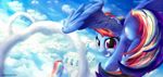  blue_feathers bobdude0 cloud cutie_mark day equine eyelashes feathered_wings feathers female feral flying friendship_is_magic hair hooves mammal multicolored_hair my_little_pony outside pegasus rainbow_dash_(mlp) rainbow_hair rainbow_water sky smile wings 