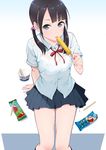  black_hair bra breasts deca_purio dress_shirt food grey_eyes hair_bobbles hair_ornament ice_cream_spoon long_hair looking_up medium_breasts original popsicle popsicle_stick school_uniform see-through shirt sitting solo spoon tongue tongue_out underwear wrapper 