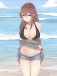  bare_shoulders bikini bikini_under_clothes black_bikini blue_shorts blue_sky blush braid breasts buttons cleavage closed_mouth collarbone day denim denim_shorts embarrassed grey_shirt hair_tie highres horizon kantai_collection large_breasts legs_apart long_hair long_sleeves looking_at_viewer navel noshiro_(kantai_collection) ocean off_shoulder open_clothes open_fly open_shirt shirt short_shorts shorts sky solo standing stomach summer swimsuit twin_braids unbuttoned unzipped urigarasu water waves 