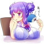  :o bangs blunt_bangs blush bow breast_rest breasts commentary_request covered_nipples double_bun eyebrows eyebrows_visible_through_hair fan fanning_face hair_bow impossible_clothes impossible_shirt large_breasts long_hair patchouli_knowledge purple_eyes purple_hair red_bow rimu_(kingyo_origin) shirt simple_background sitting solo striped sweat touhou upper_body white_background 
