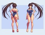  1girl areolae ass barefoot breasts brown_hair comparison curvy dimples_of_venus female goggles huge_breasts kruth666 kyonko long_hair long_ponytail looking_at_viewer mound_of_venus multiple_persona navel nipples one-piece_swimsuit panties ponytail puffy_nipples see-through simple_background standing suzumiya_haruhi_no_yuuutsu swimsuit thick_thighs thighhighs very_long_hair wide_hips 