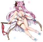  :d bare_arms bare_shoulders bikini black_ribbon blue_eyes blurry breasts collarbone depth_of_field draph granblue_fantasy hair_ornament hair_over_one_eye hairclip holding holding_sword holding_weapon horns katana kayase large_breasts looking_at_viewer narmaya_(granblue_fantasy) no_legwear open_mouth pink_hair pointy_ears ribbon sandals simple_background sitting smile solo swimsuit sword tassel thigh_gap thigh_strap unsheathed weapon white_background white_bikini 