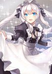  :d alternate_costume apron blue_eyes enmaided fate/grand_order fate_(series) kagachi_saku long_hair maid maid_apron marie_antoinette_(fate/grand_order) open_mouth silver_hair skirt_hold smile solo sparkle 