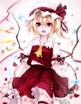  ascot blonde_hair bow bug butterfly chikawa_shibainu crystal fang flandre_scarlet hat hat_bow hat_ribbon highres insect laevatein mob_cap petals puffy_short_sleeves puffy_sleeves red_eyes ribbon rose_petals shirt short_sleeves side_ponytail skirt skirt_set solo touhou vest wings wrist_cuffs 