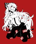  bow clenched_teeth collared_shirt foreshortening fujiwara_no_mokou full_body hair_bow hosomitimiti kneeling long_hair looking_at_viewer monochrome red_background red_eyes shirt solo spot_color suspenders teeth touhou very_long_hair 