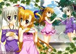  2girls blonde_hair blush einhart_stratos fujima_takuya green_hair hair_ornament heterochromia looking_at_another lyrical_nanoha mahou_shoujo_lyrical_nanoha mahou_shoujo_lyrical_nanoha_vivid multiple_girls official_art smile vivio yuri 