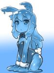  animal_ears blue blue_eyes blue_hair blue_sclera blue_skin bow bowtie breasts bunny_ears bunny_tail bunnysuit closed_mouth collar fukurou_(owl222) goo_girl gradient gradient_background leotard long_hair looking_at_viewer monster_girl original small_breasts solo tail wrist_cuffs 