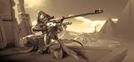  absurdres ana_(overwatch) artist_request building cloud eyepatch facial_tattoo gloves gun highres hood horizon huge_filesize lens_flare lips monochrome official_art one_knee outdoors overwatch pyramid rifle sepia sky sniper_rifle solo tattoo weapon 