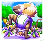  anthro bent_over blue_eyes brown_fur clothing cloud cub diaper female fur leaves looking_at_viewer mammal open_mouth paws red_panda rexam-1 sand sky slide solo swings tire tree young 