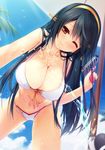  ;) adapted_costume animal beach_umbrella bent_over bikini bird black_hair blue_sky blush breasts brown_eyes cleavage closed_mouth cloud collarbone day from_below hanging_breasts haruna_(kantai_collection) hose ichikawa_noa kantai_collection large_breasts long_hair navel one_eye_closed outdoors palm_tree pink_lips plant sexually_suggestive sky smile solo standing stomach swimsuit thighs tree trigger_discipline umbrella very_long_hair water water_drop water_gun wet white_bikini 