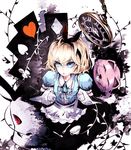 alice_(wonderland) alice_(wonderland)_(cosplay) alice_in_wonderland alice_margatroid alice_margatroid_(pc-98) apron bangs black black_dress black_gloves blonde_hair blue_dress blue_eyes cheshire_cat club_(shape) cosplay cup curtsey diamond_(shape) dress elbow_gloves evil_grin evil_smile fork gloves gradient_dress grin hair_between_eyes hairband heart looking_afar looking_away looking_up parody parted_lips plant puffy_short_sleeves puffy_sleeves sharp_teeth short_hair short_sleeves smile solo spade_(shape) spoon striped striped_gloves teacup teeth touhou touhou_(pc-98) uni_(bom19850101) vines white_rabbit 