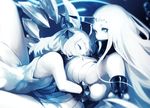  blue blue_eyes bracelet breast_pillow breasts claws closed_eyes collar commentary_request detached_sleeves dress horns jewelry kantai_collection kyouya_(mukuro238) large_breasts long_hair monochrome multiple_girls no_eyebrows northern_ocean_hime ribbed_dress seaport_hime shinkaisei-kan sideboob size_difference spiked_bracelet spikes white_hair 